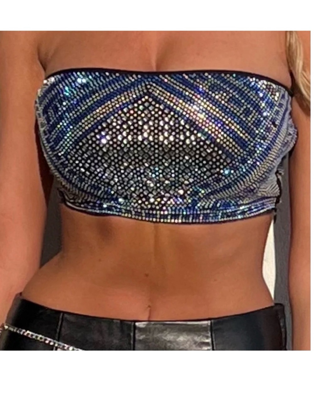 strapless AKIRA bandeau tube top striking geometric pattern silver blue sz M